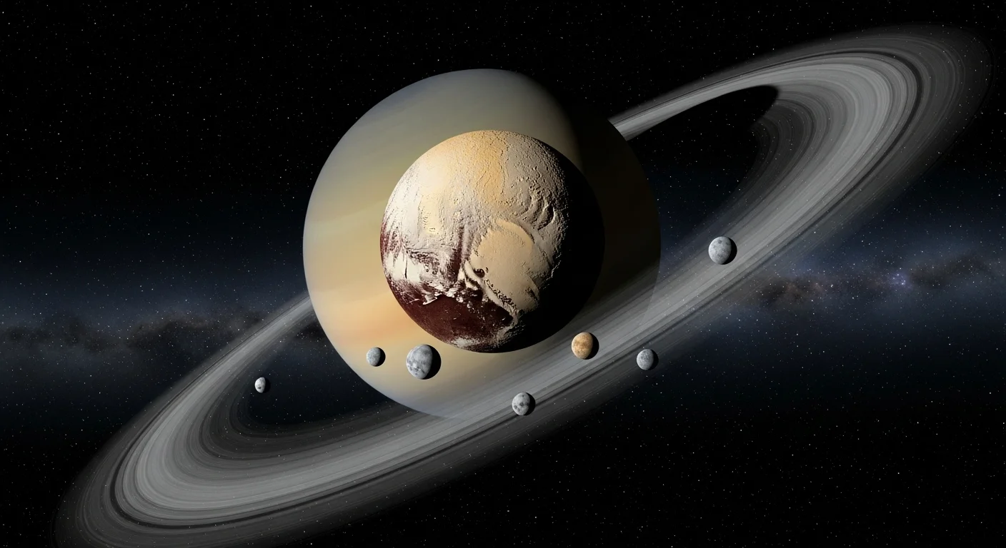 125+ Pluto Riddles with Answers: Unravel the Mysteries of the Dwarf Planet 15 Artistic visualization of Pluto positioned within Saturn's ring system showing the dwarf planet with its moons against the backdrop of Saturn's iconic rings