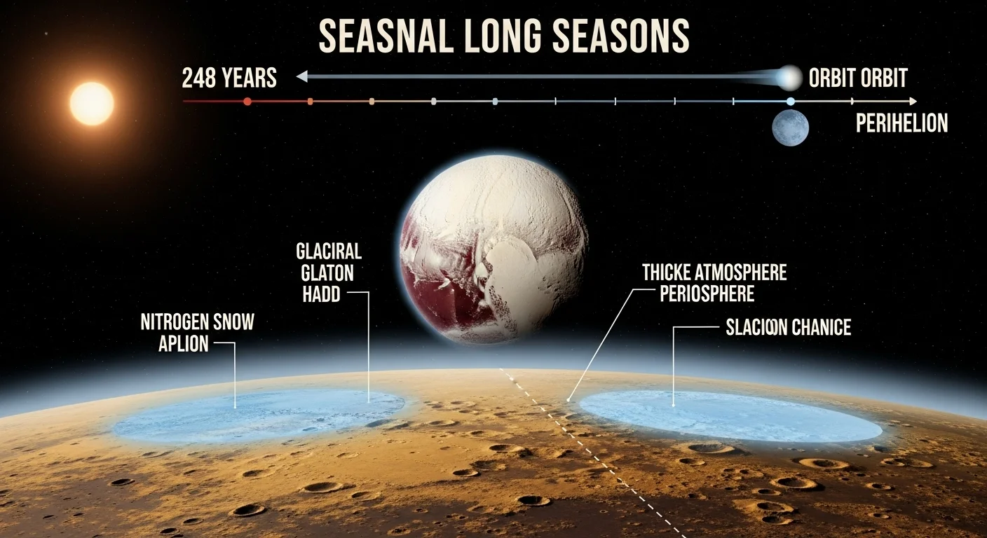 125+ Pluto Riddles with Answers: Unravel the Mysteries of the Dwarf Planet 10 Scientific diagram showing Pluto's 248-year orbital cycle with seasonal changes including nitrogen snow, glacial formations, and atmospheric variations