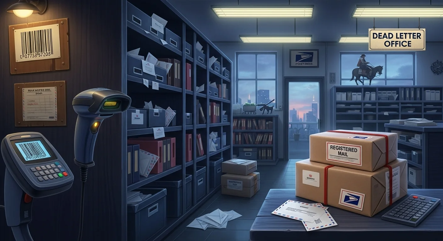 125+ Post Office Riddles to Deliver a Challenge (with Answers!) 2 Dark atmospheric post office dead letter office with shelves of undelivered mail, barcode scanner, and registered mail packages
