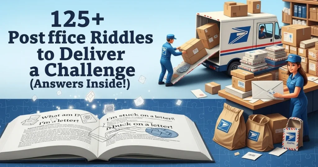 Post office riddles book cover showing mail carriers, USPS truck, and packages with text "125+ Post Office Riddles to Deliver a Challenge (Answers Inside!)"