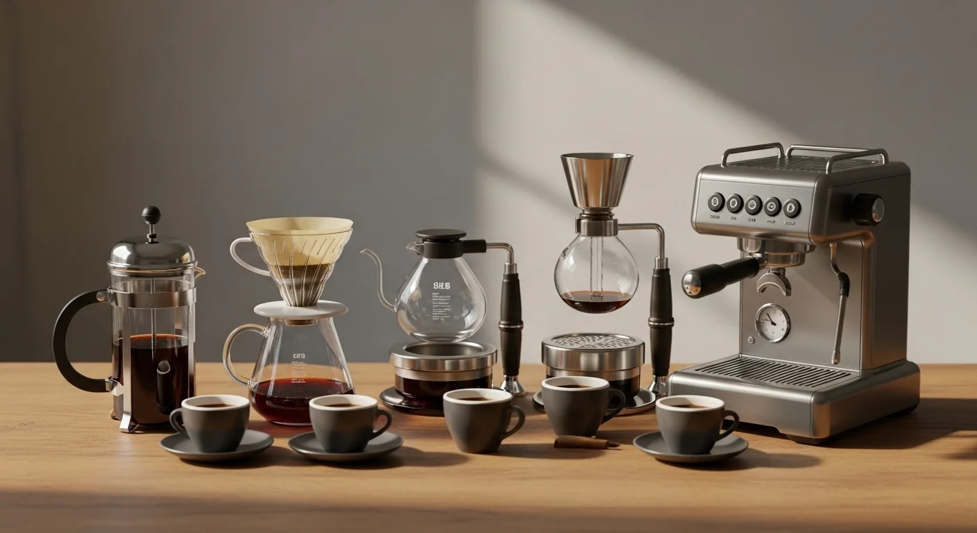 125+ Coffee Riddles with Answers: A Brew of Brain Teasers for Coffee Lovers 11 Complete coffee brewing equipment setup including espresso machine, French press, pour-over, and multiple cups