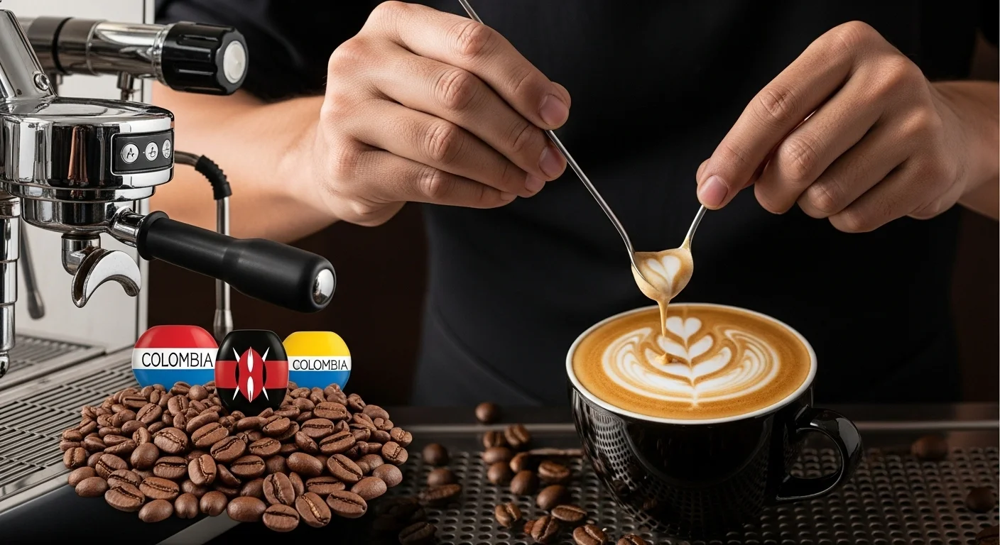125+ Coffee Riddles with Answers: A Brew of Brain Teasers for Coffee Lovers 6 Professional barista creating intricate latte art with Colombian coffee beans and espresso machine in coffee shop