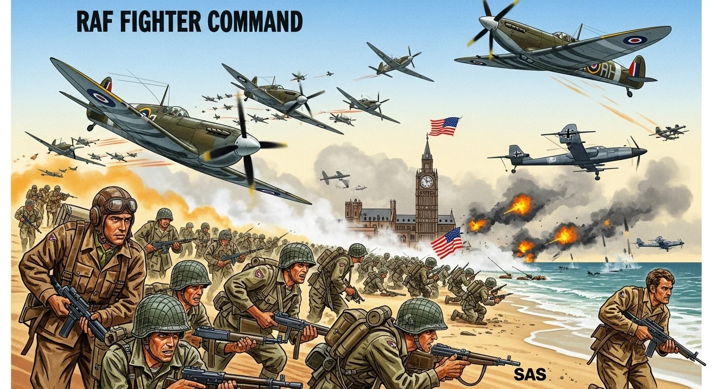 125+ World War 2 Riddles & Answers: Journey Through History 11 RAF Fighter Command illustration showing Spitfire aircraft, Battle of Britain aerial combat, and D-Day landing operations with Allied forces