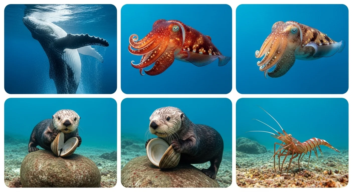 150+ Sea Animal Riddles & Answers to Spark Curiosity and Fun 4 Six-panel photo grid showing real marine animals: humpback whale tail, two cuttlefish, sea otter with shell, and spiny lobster