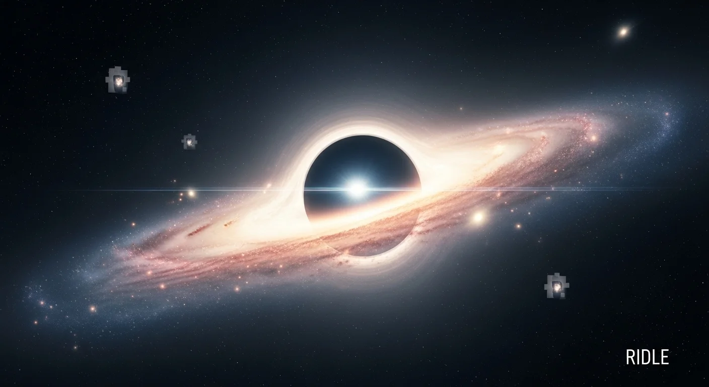 125+ Black Hole Riddles: Stellar Puzzles for Future Astrophysicists 5 Photorealistic black hole with glowing orange accretion disk and gravitational lensing effects in deep space with stars and riddle text overlay