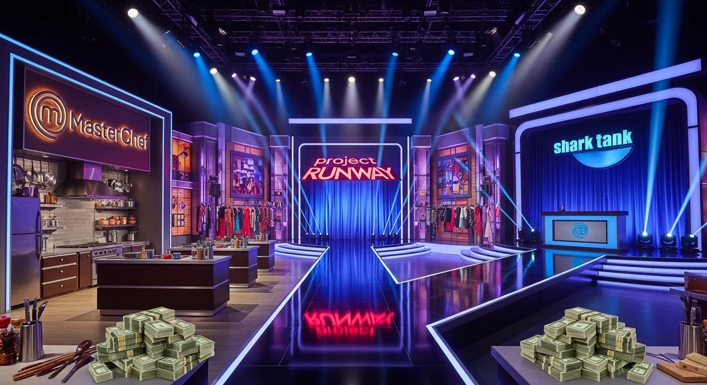 125+ Television Riddles to Test Your Show Knowledge (Answers) 11 Professional reality TV studio set showing MasterChef kitchen, Project Runway fashion area, and Shark Tank investor space with dramatic lighting and cash props