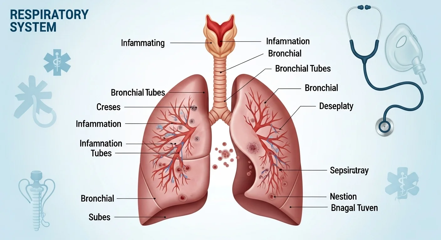 125+ Disease Riddles to Test Your Medical IQ (Answers Inside) 1 Detailed respiratory system anatomy diagram showing lungs, bronchial tubes, and inflammation markers with medical labels - disease riddles