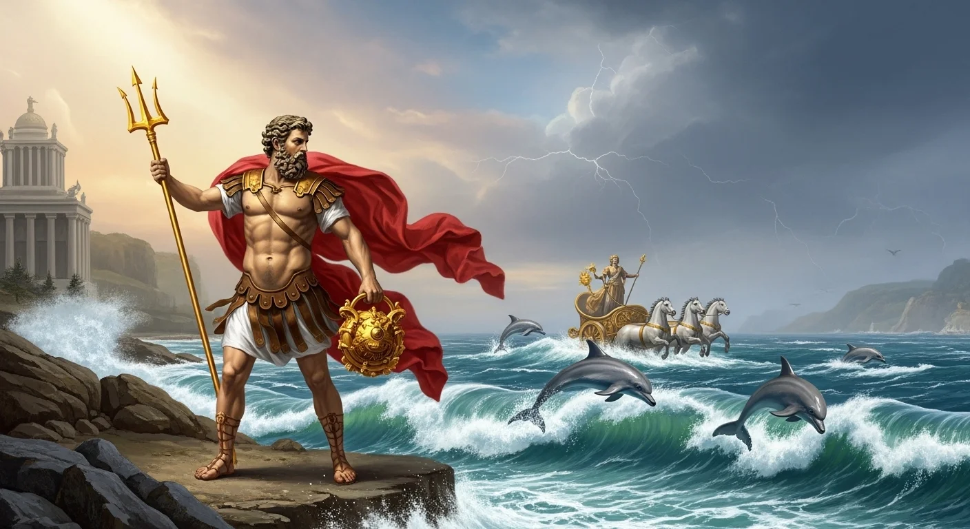 125+ Neptune Riddles & Answers: A Cosmic and Mythical Challenge 2 Roman god Neptune in golden armor holding trident with red cape on ocean shore with dolphins and classical temple in background