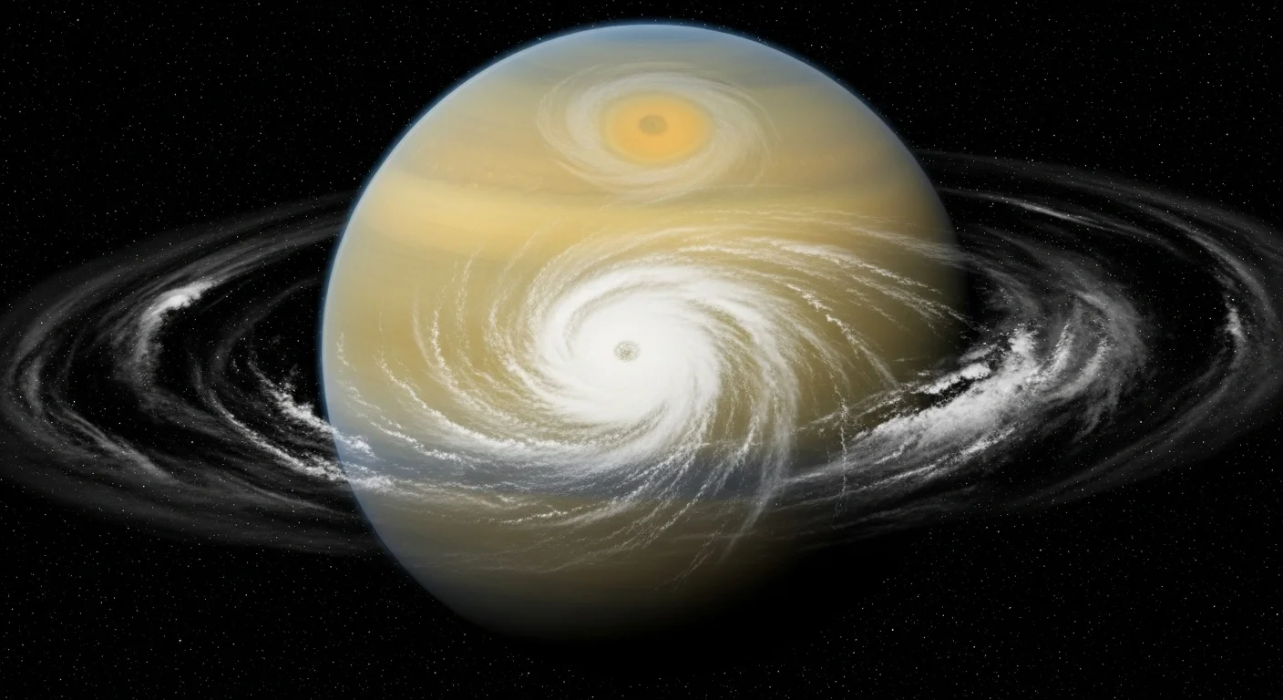 125+ Saturn Riddles with Answers: Explore the Ringed Planet 8 Saturn's famous hexagonal storm at north pole with swirling atmospheric patterns and ring system visible