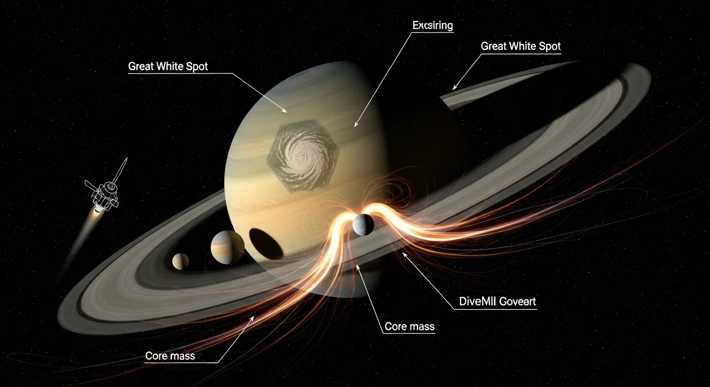 125+ Saturn Riddles with Answers: Explore the Ringed Planet 3 Cross-section view of Saturn showing internal core, Great White Spot storm, and spacecraft
