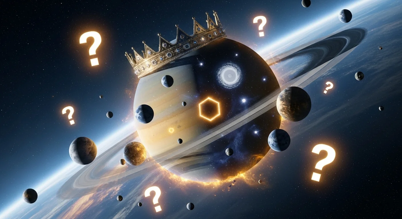 125+ Saturn Riddles with Answers: Explore the Ringed Planet 5 Saturn planet wearing golden crown surrounded by moons and glowing question marks in space