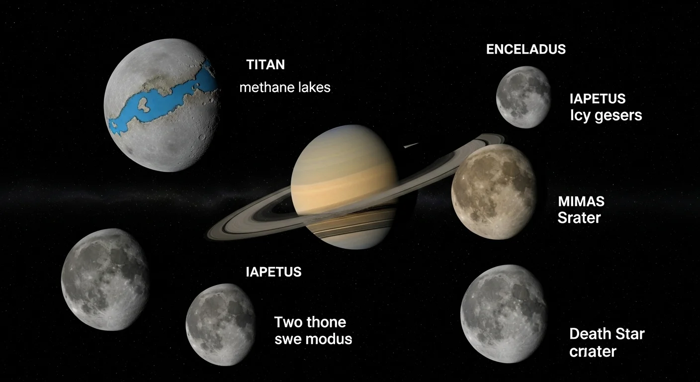 125+ Saturn Riddles with Answers: Explore the Ringed Planet 6 Saturn with major moons labeled including Titan with methane lakes, Enceladus, Iapetus, and Mimas