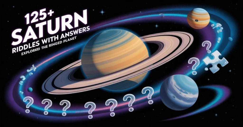Saturn planet with colorful rings surrounded by question marks and puzzle pieces in space