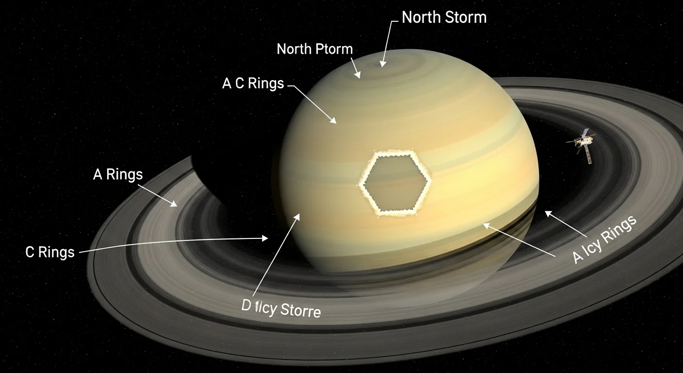 125+ Saturn Riddles with Answers: Explore the Ringed Planet 2 Detailed diagram of Saturn showing labeled ring sections A, C, and D with storm features