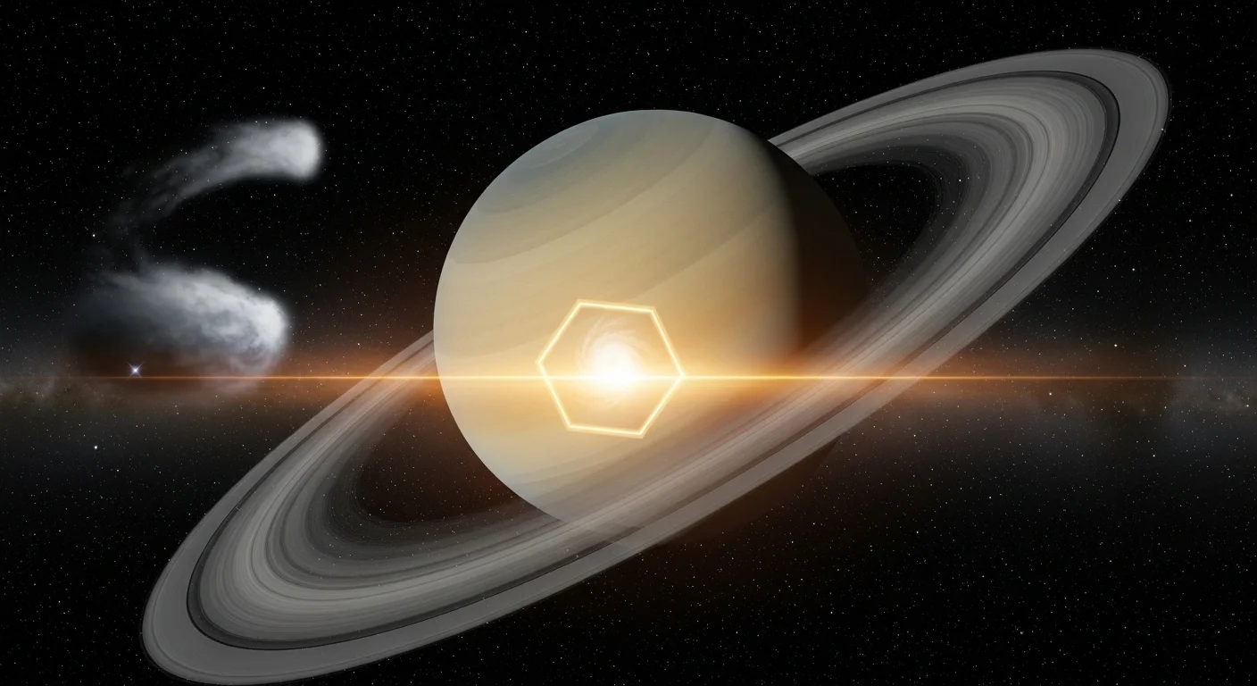 125+ Fun Solar System Riddles with Answers for Kids & Adults 6 Saturn planet showing its famous ring system with hexagonal geometric pattern and bright stellar background in deep space
