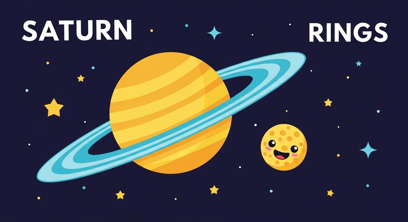 125+ Saturn Riddles with Answers: Explore the Ringed Planet 1 Cute cartoon Saturn planet with bright rings and smiling moon in starry night sky