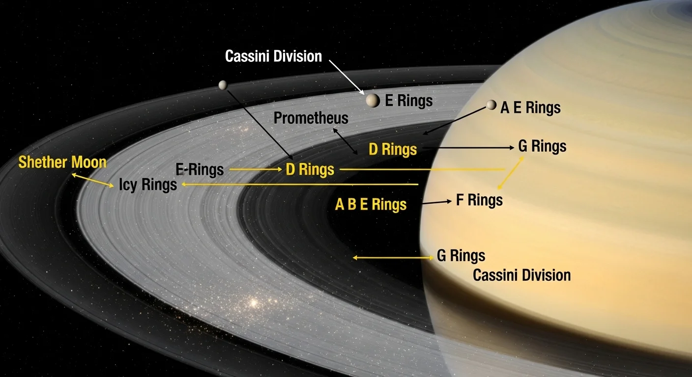 125+ Saturn Riddles with Answers: Explore the Ringed Planet 7 Detailed diagram of Saturn's ring system showing labeled rings A through G, Cassini Division, and Prometheus moon