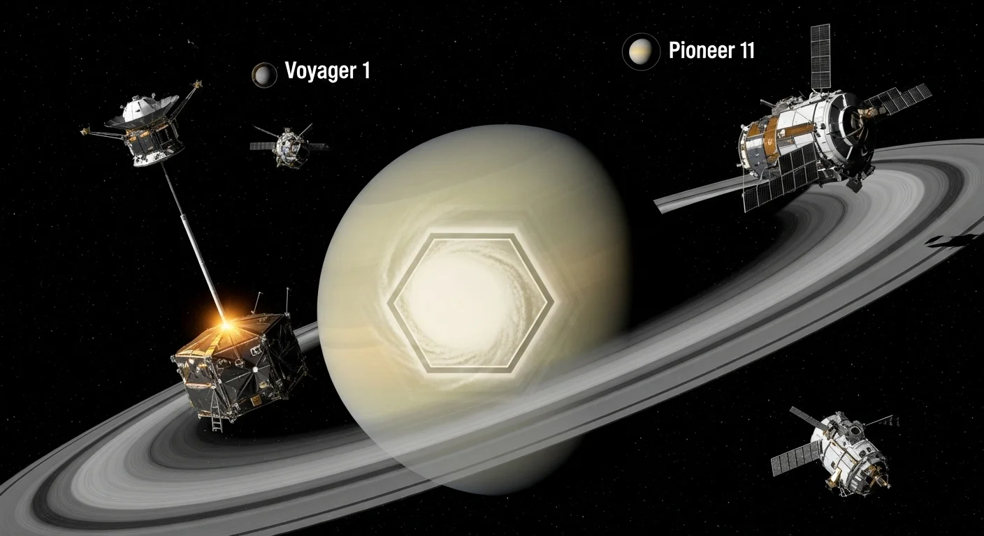 125+ Saturn Riddles with Answers: Explore the Ringed Planet 9 Multiple NASA spacecraft including Voyager 1, Pioneer 11, and Cassini mission probes around Saturn with hexagonal north pole storm in saturn riddles