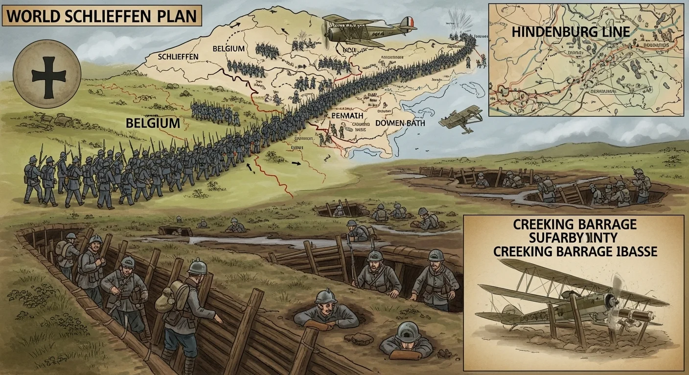 125+ World War 1 Riddles & Answers: Test Your Great War Knowledge 8 WWI Schlieffen Plan strategic map showing German military movements through Belgium and Hindenburg Line fortifications
