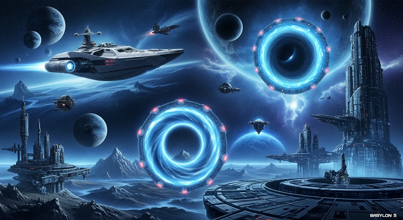 125+ Television Riddles to Test Your Show Knowledge (Answers) 7 Epic space battle scene with starships, glowing portal rings, alien planets and futuristic structures from science fiction television shows