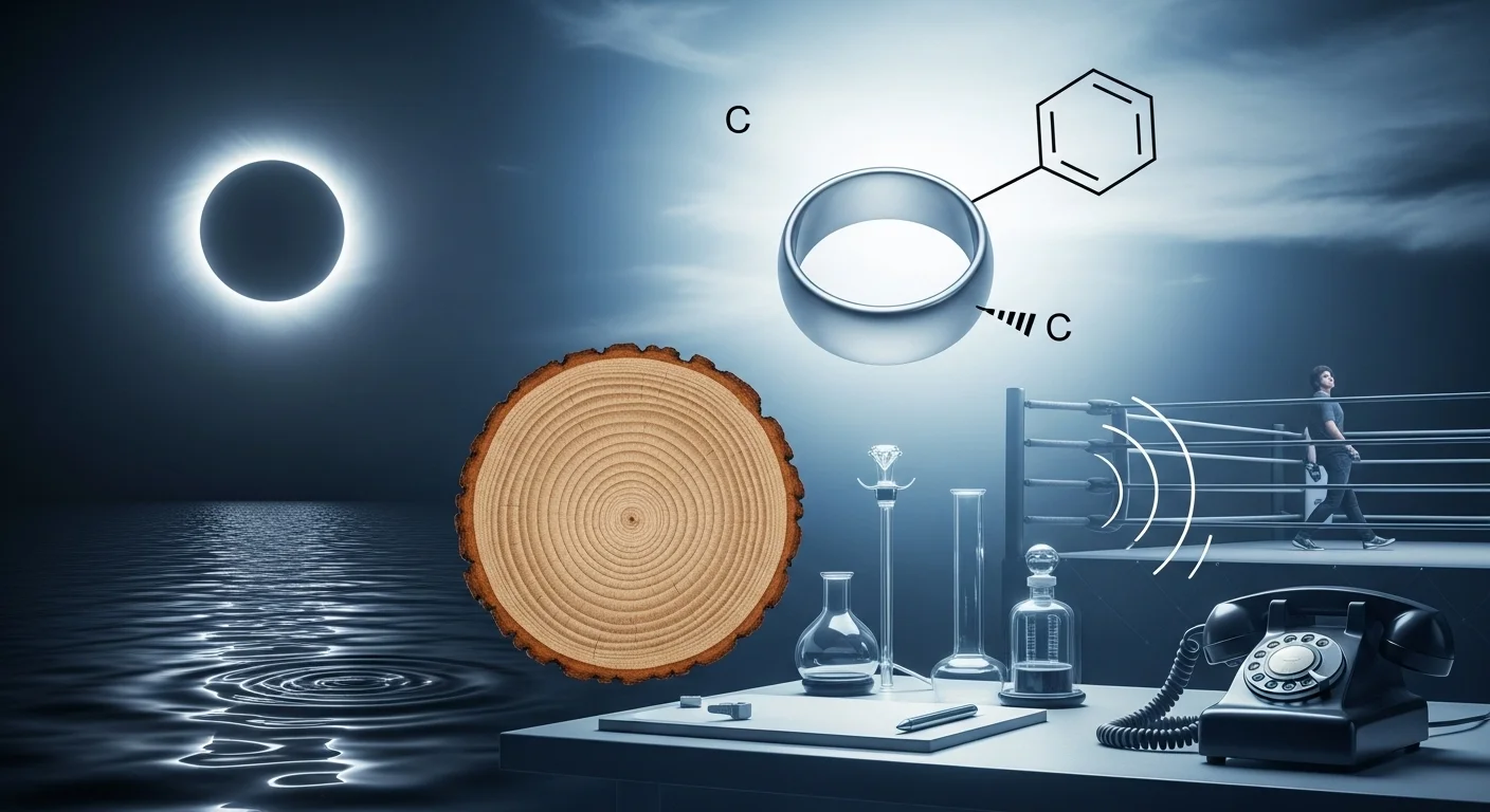125+ Sparkling Ring Riddles (Can You Solve Them All?) 4 Scientific conceptual image showing ring molecular structures, benzene rings, and laboratory equipment with eclipse background