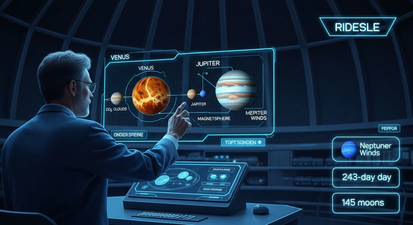 125+ Cosmic Planet Riddles & Answers to Spark Your Curiosity 2 Scientist examining holographic display of Venus and Jupiter with interactive planet data and riddle interface