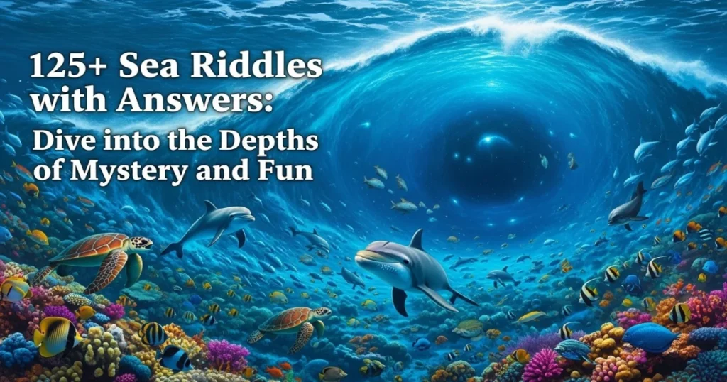 Vibrant underwater coral reef scene with dolphins, sea turtles, and tropical fish for sea riddles collection