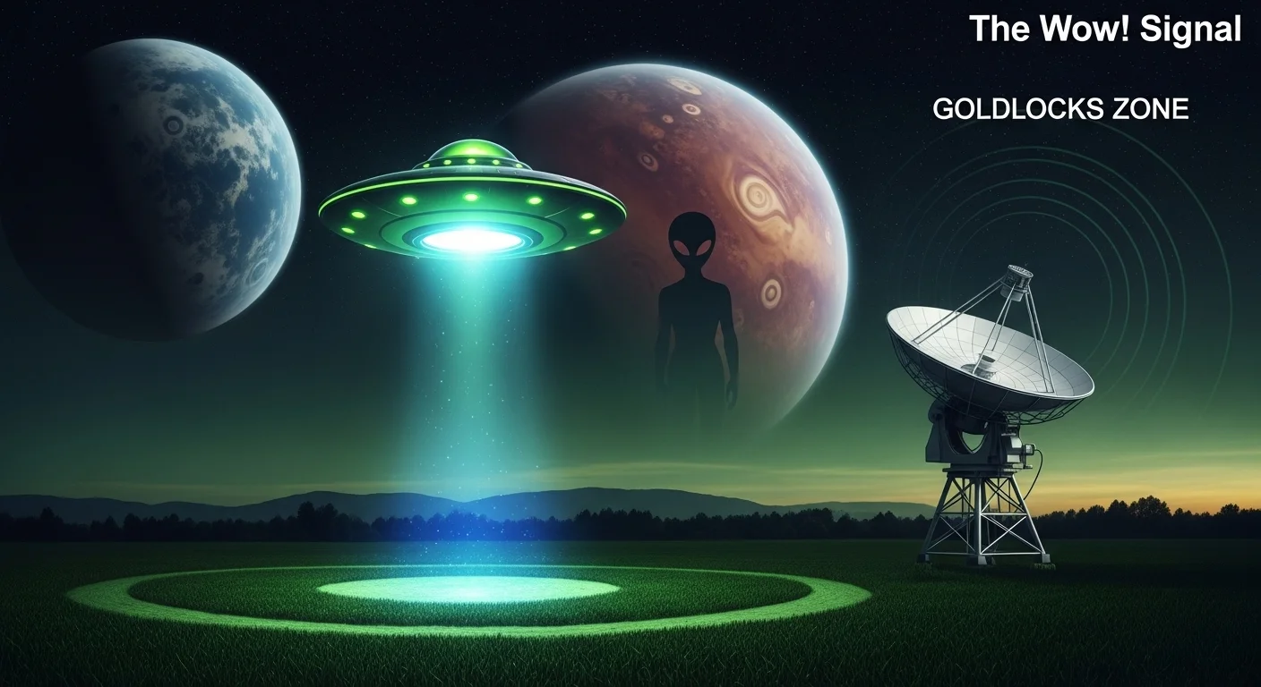 125+ Galaxy Riddles to Spark Your Cosmic Curiosity 6 SETI radio telescope detecting signals with UFO, alien silhouette, and planets in Goldilocks zone habitable area