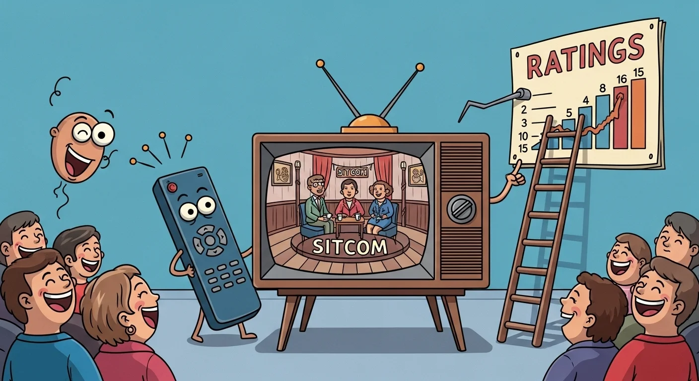 125+ Television Riddles to Test Your Show Knowledge (Answers) 3 Cartoon illustration of TV ratings with sitcom on screen and excited audience holding ratings chart