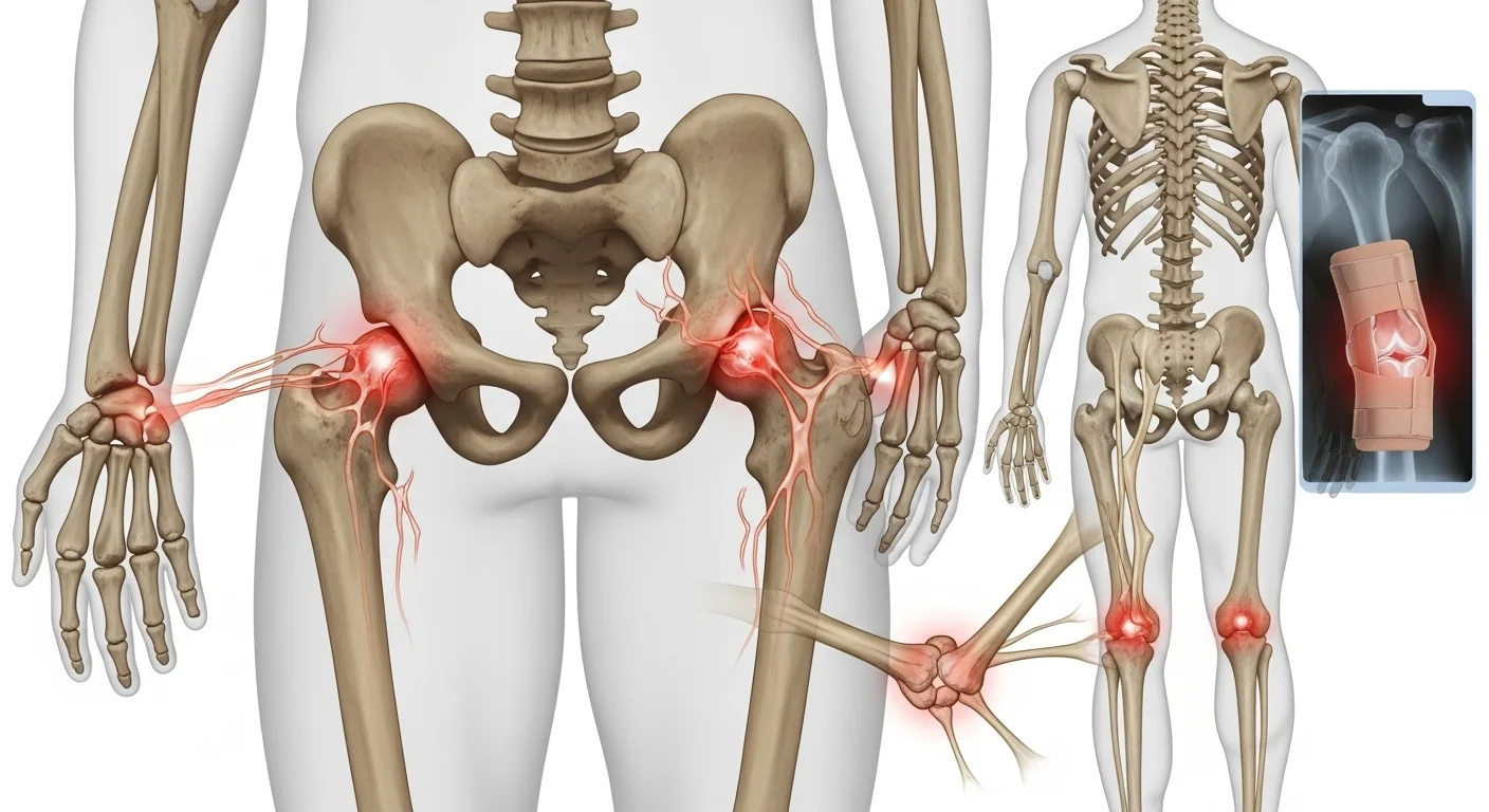 125+ Disease Riddles to Test Your Medical IQ (Answers Inside) 5 Human skeletal anatomy showing joint inflammation and pain points in hips, knees, and spine with X-ray imaging