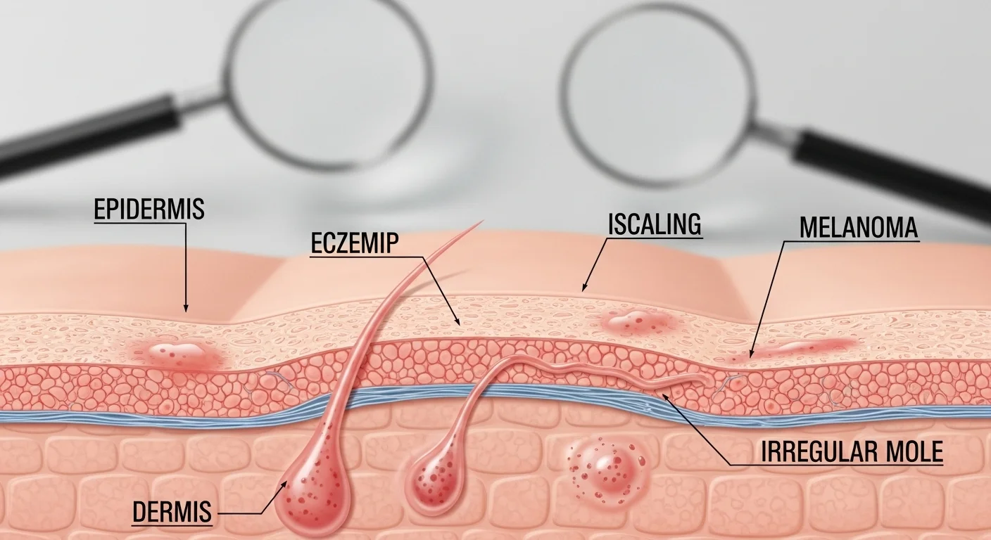 125+ Disease Riddles to Test Your Medical IQ (Answers Inside) 6 Cross-section skin anatomy diagram showing epidermis, dermis layers with eczema, melanoma, and mole conditions under magnification
