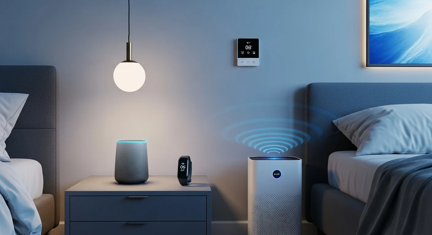 125+ Bedroom Riddles with Answers: Fun and Engaging Puzzles 9 Modern smart bedroom with air purifier, smart speaker, fitness tracker, thermostat and pendant lighting in blue tones