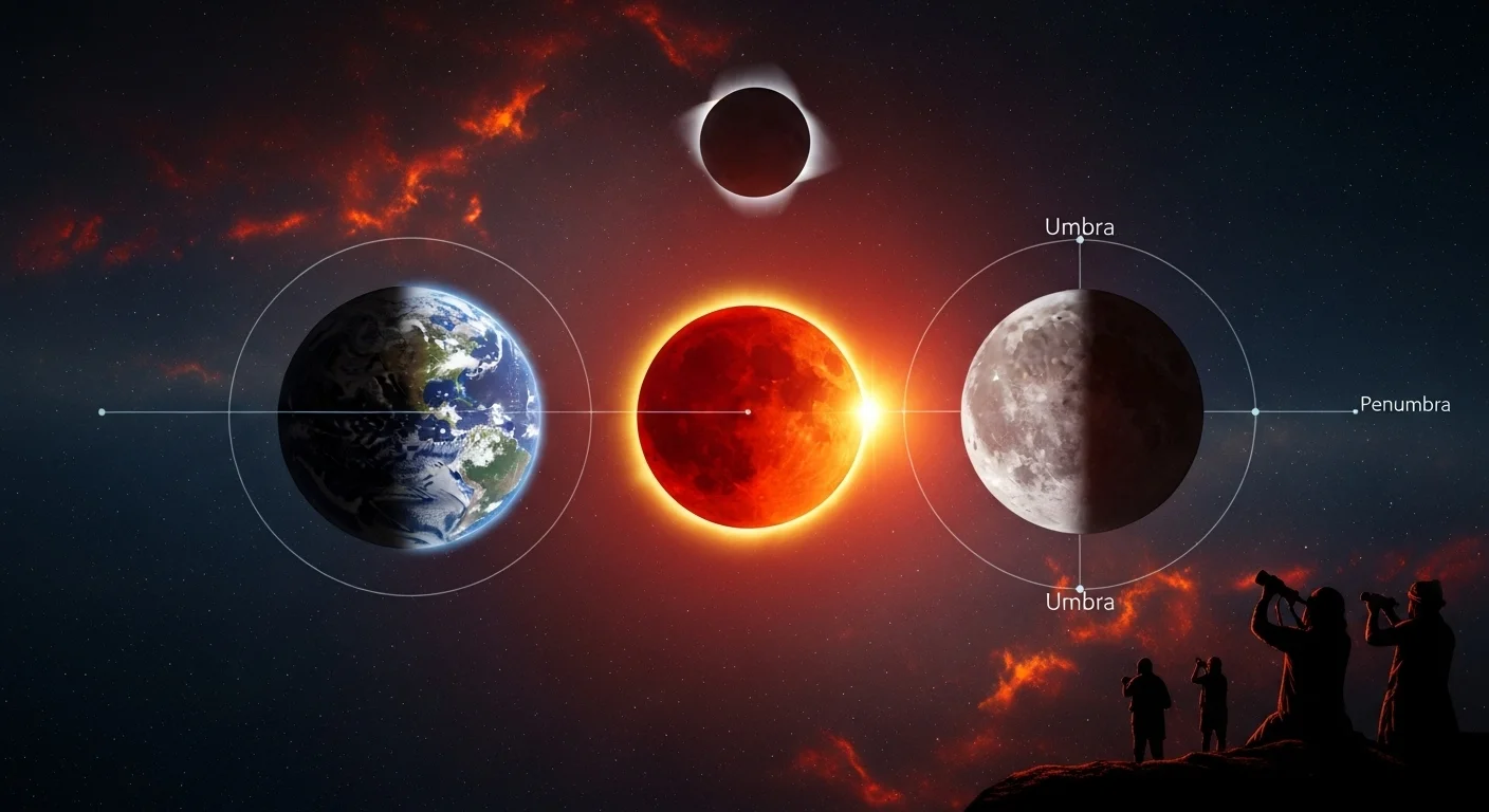 125+ Celestial Moon Riddles for Stargazers with Answers 7 Solar eclipse scientific diagram showing Earth, Moon, and Sun alignment with labeled umbra and penumbra shadow zones and silhouettes of eclipse observers