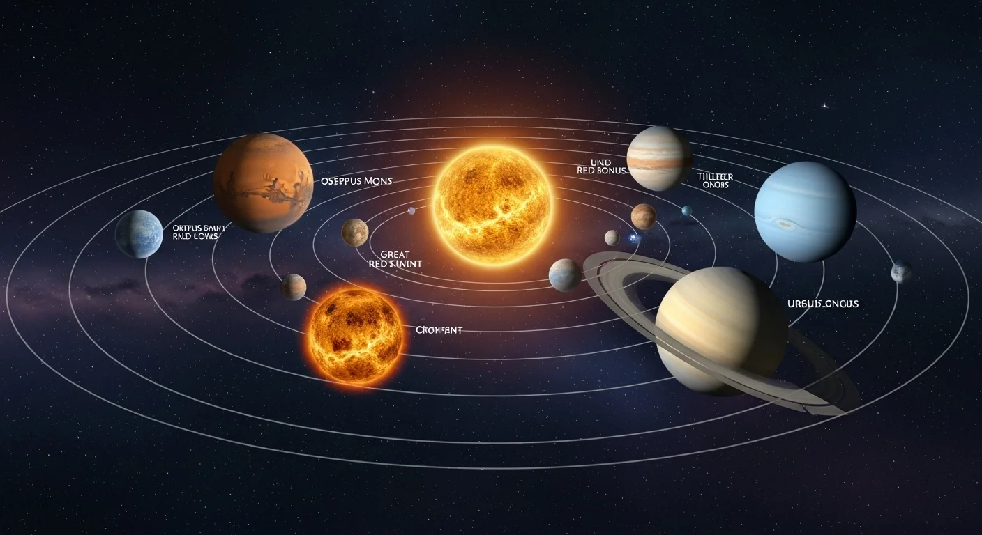 125+ Shining Stars Riddles with Answers: Starry Night Puzzles 6 Complete solar system diagram showing sun and all planets with orbital paths and celestial body labels for educational purposes