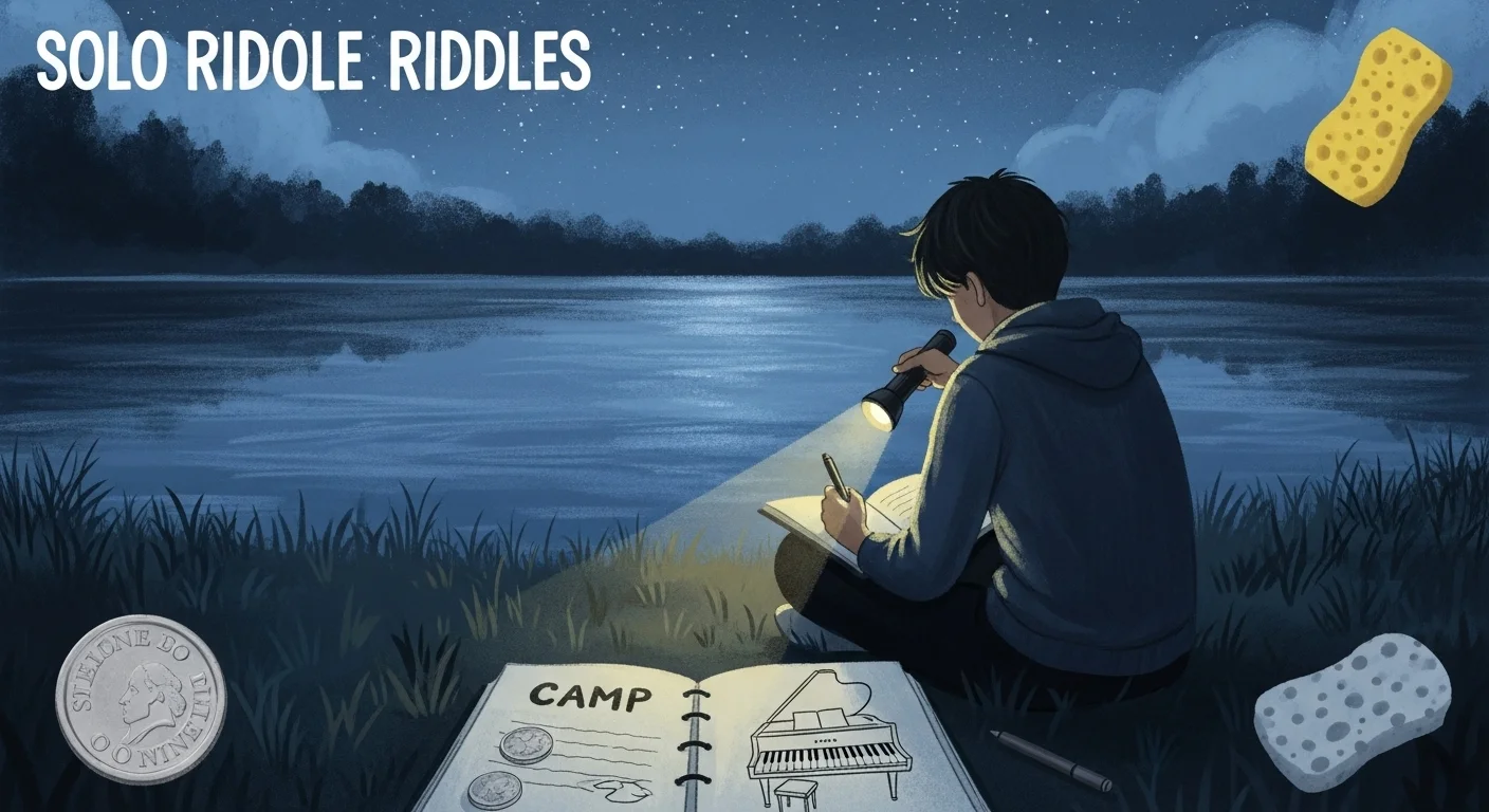 125+ Summer Camp Riddles to Solve Around the Fire (Answers) 6 Young camper solving riddles alone by moonlit lake with notebook and flashlight during nighttime activity