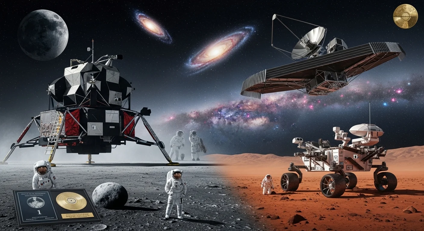 125+ Galaxy Riddles to Spark Your Cosmic Curiosity 4 Space exploration collage showing lunar lander, astronauts, Mars rover, satellites and Voyager Golden Record