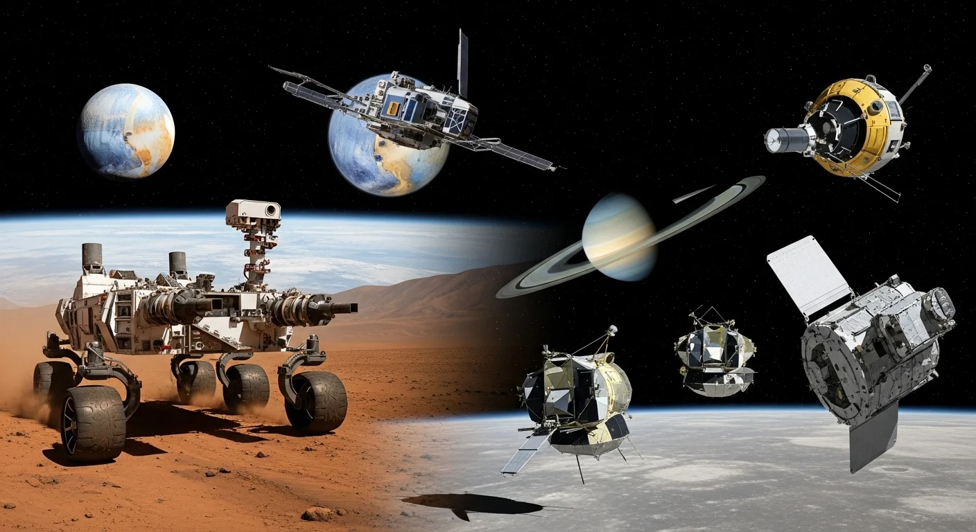 125+ Fun Solar System Riddles with Answers for Kids & Adults 15 Space exploration missions collage featuring Mars rover, satellites, and various planetary exploration spacecraft