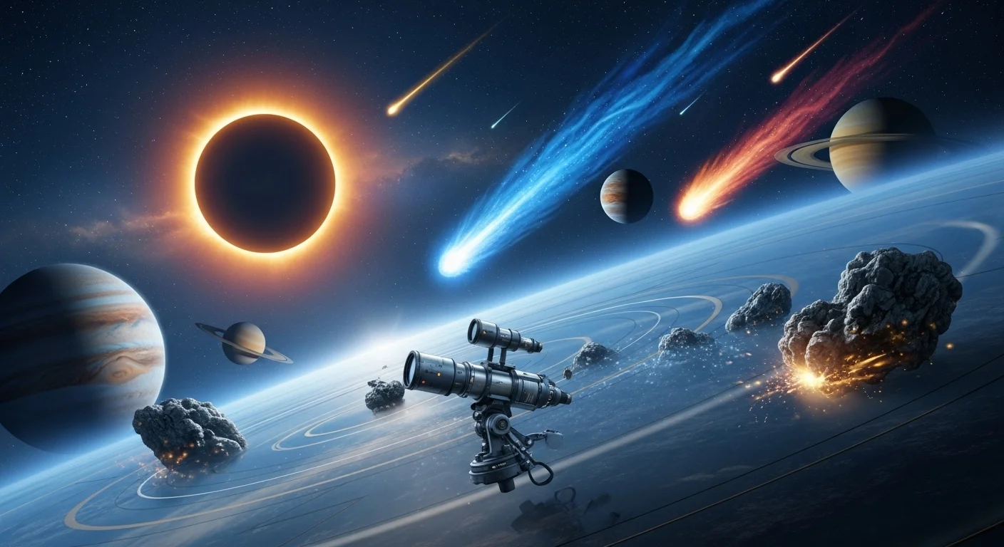 125+ Shining Stars Riddles with Answers: Starry Night Puzzles 5 Dramatic space scene featuring solar eclipse, colorful meteors, planets, asteroids, and astronomical telescope in cosmic setting