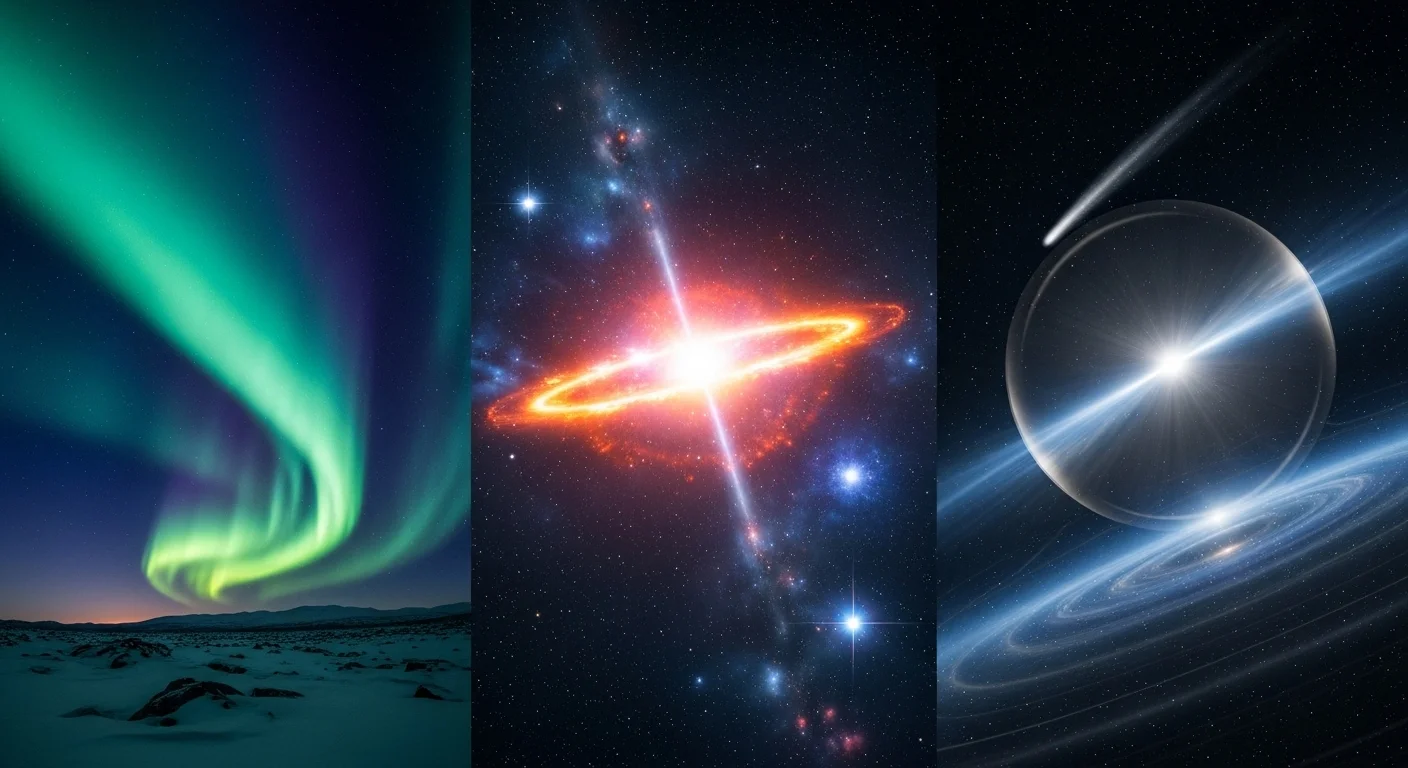 125+ Shining Stars Riddles with Answers: Starry Night Puzzles 11 Three panel space phenomena image showing northern lights aurora, distant quasar with accretion disk, and exoplanet in space