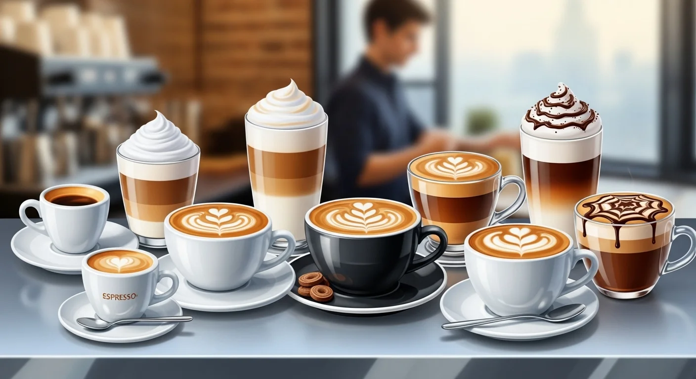 125+ Coffee Riddles with Answers: A Brew of Brain Teasers for Coffee Lovers 3 Array of specialty coffee drinks including lattes with foam art, espresso, cappuccino, and mocha varieties