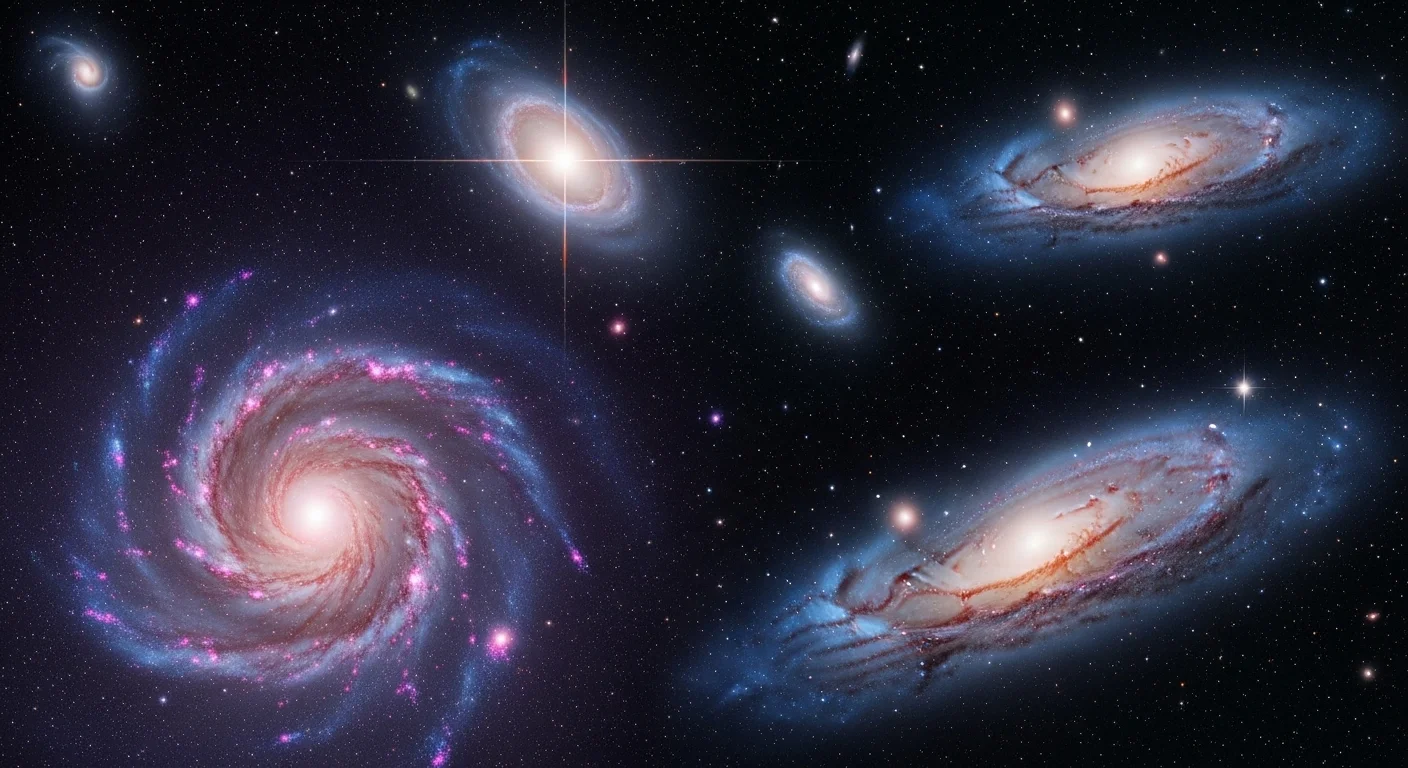 175+ Sky Riddles with Answers: A Journey Through the Celestial Unknown 11 Multiple spiral galaxies in deep space showing swirling arms with pink and blue star formation regions against black starry background