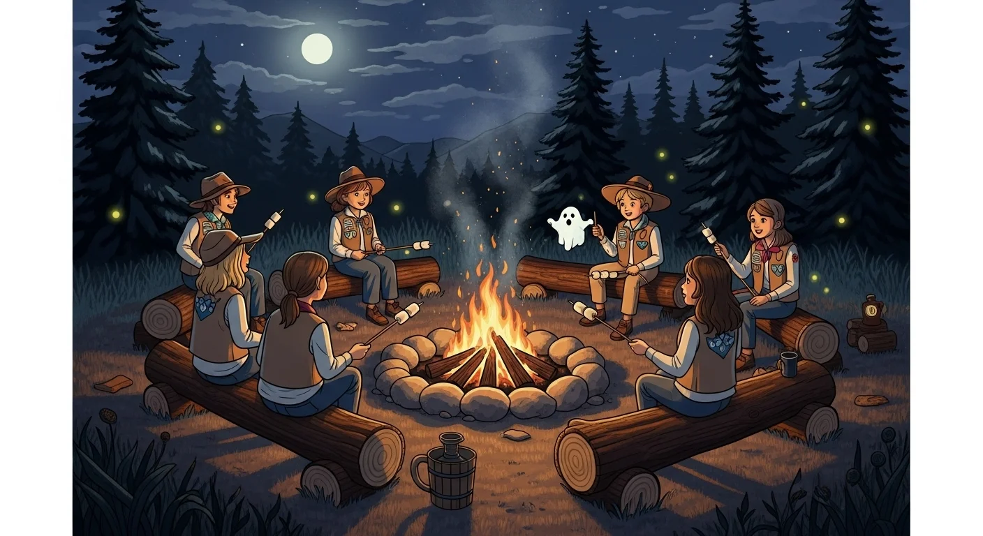 125+ Summer Camp Riddles to Solve Around the Fire (Answers) 7 Scout campers around campfire with ghost appearing and fireflies in dark forest for scary story summer camp riddles