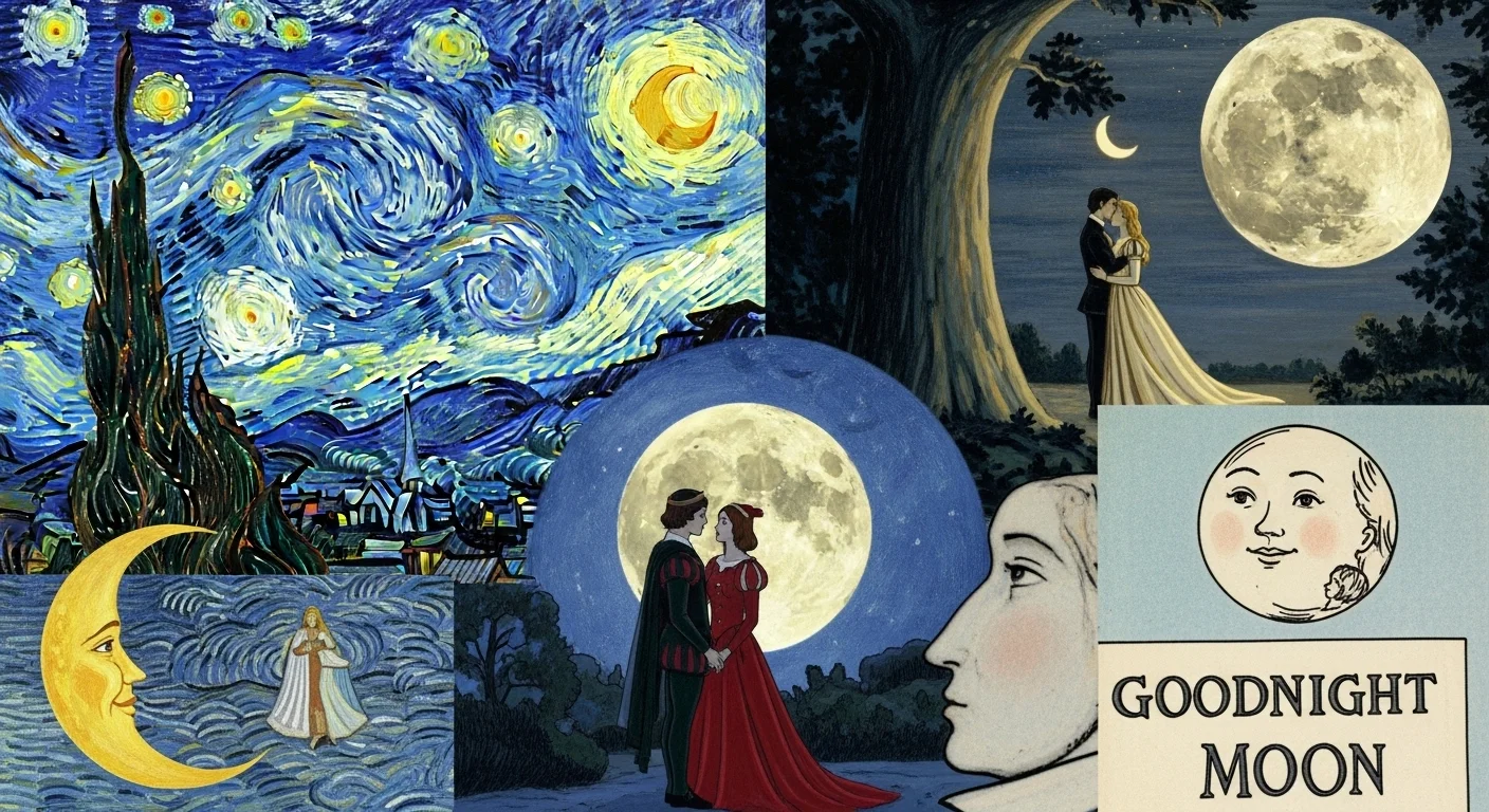 125+ Celestial Moon Riddles for Stargazers with Answers 10 Starry night sky with moon phases, romantic couples under moonlight, and Goodnight Moon children's book reference