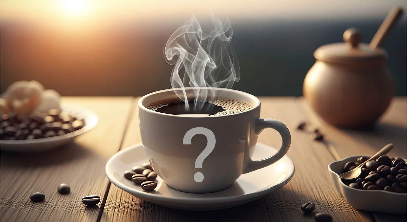 125+ Coffee Riddles with Answers: A Brew of Brain Teasers for Coffee Lovers 1 Steaming coffee cup with question mark symbol surrounded by coffee beans on wooden surface