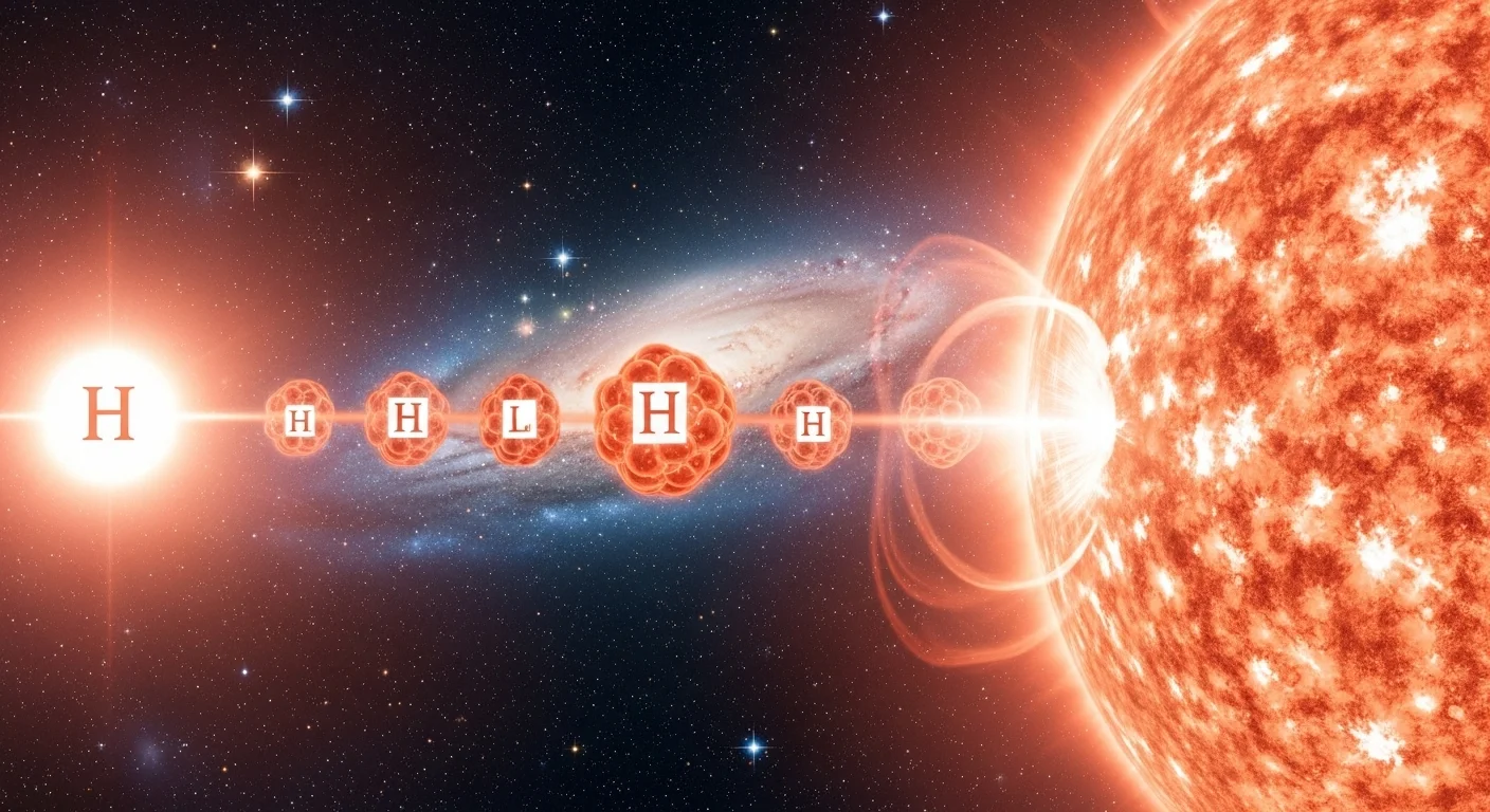 125+ Nuclear Weapon Riddles (Atomic Bomb Trivia & Answers) 9 Nuclear fusion process showing hydrogen atoms combining to form helium in stellar core with cosmic background