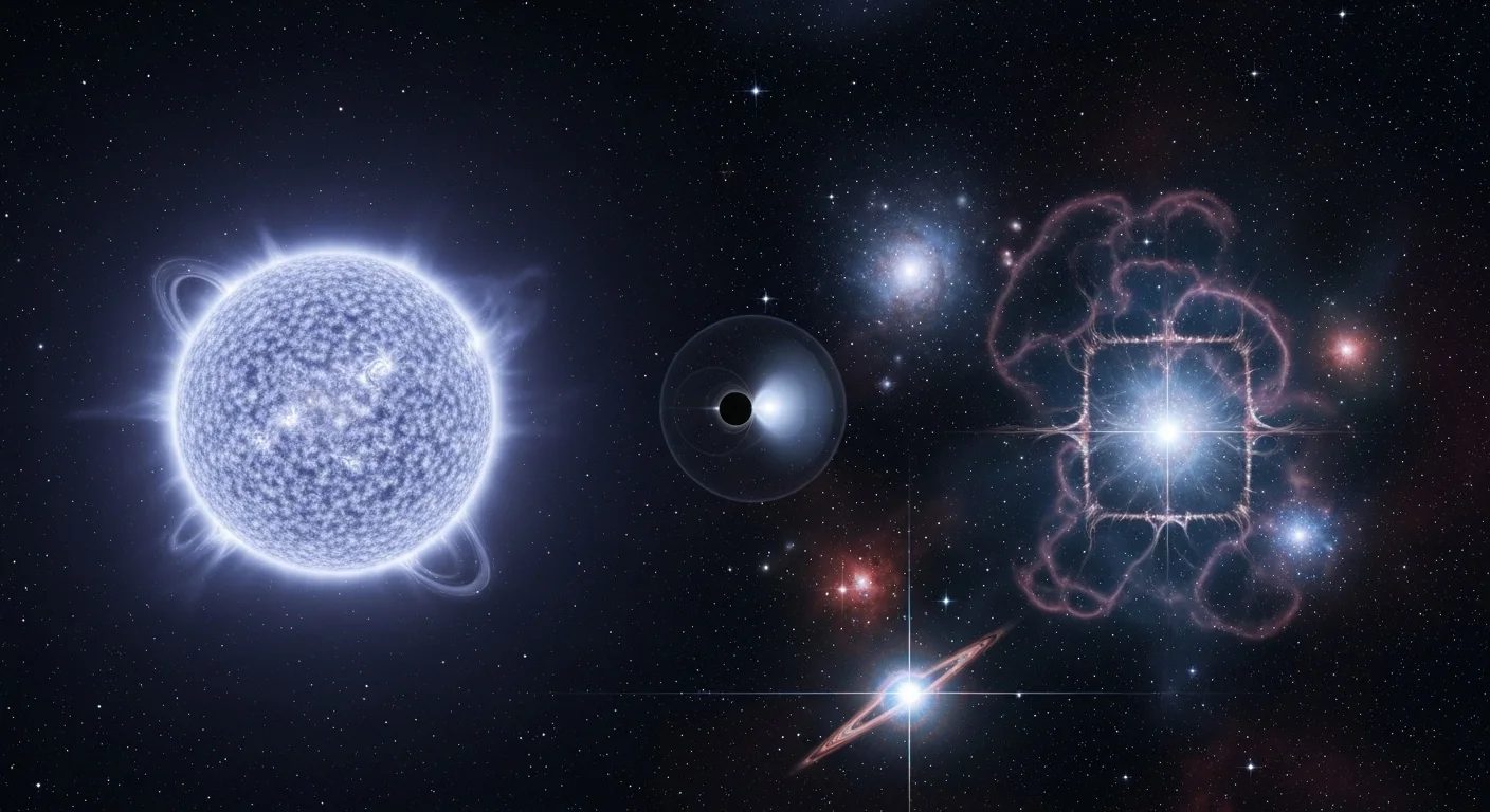 125+ Galaxy Riddles to Spark Your Cosmic Curiosity 3 White dwarf star, black hole, and nebula formations against starry space background