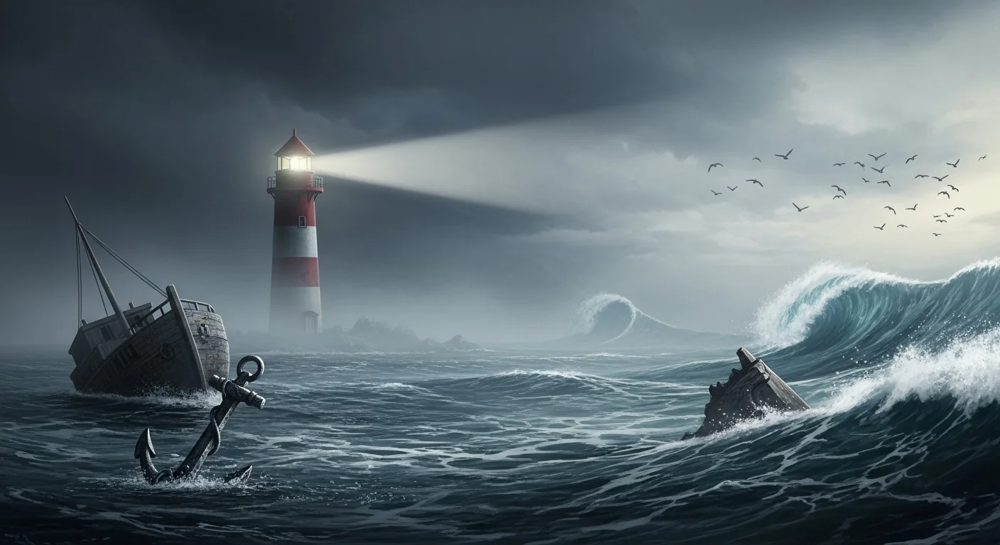 125+ Sea Riddles with Answers: Dive into the Depths of Mystery and Fun 5 Dramatic stormy lighthouse scene with shipwreck, anchor and rough ocean waves under dark clouds