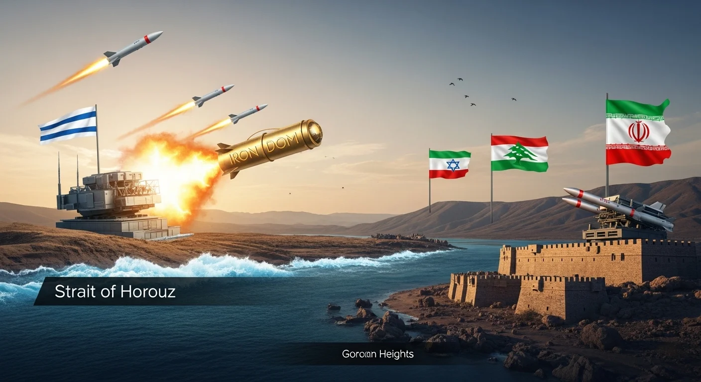 150+ World War 3 Riddles & Answers (Real-World Conflict References) 10 Military conflict illustration showing missile launches across Strait of Hormuz with Iranian, Israeli and Lebanese flags