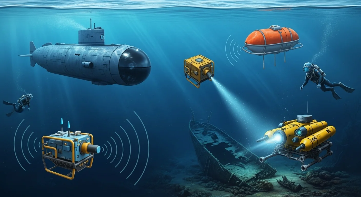 125+ Sea Riddles with Answers: Dive into the Depths of Mystery and Fun 7 Modern submarine with deep sea exploration equipment, ROVs and divers exploring ocean floor