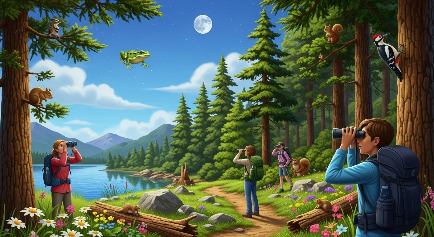 125+ Summer Camp Riddles to Solve Around the Fire (Answers) 1 Kids with binoculars observing forest wildlife including squirrels, frogs, and woodpeckers during summer camp